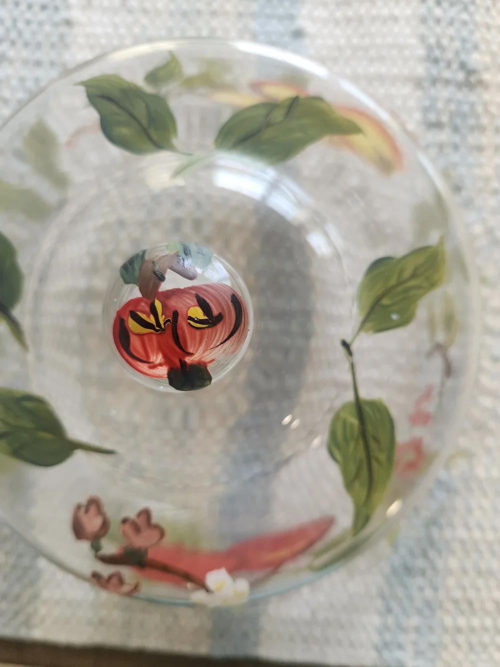 Vintage Hand Painted Glass Covered Cake Plate Cheese Fruit Dessert Dome Cloche